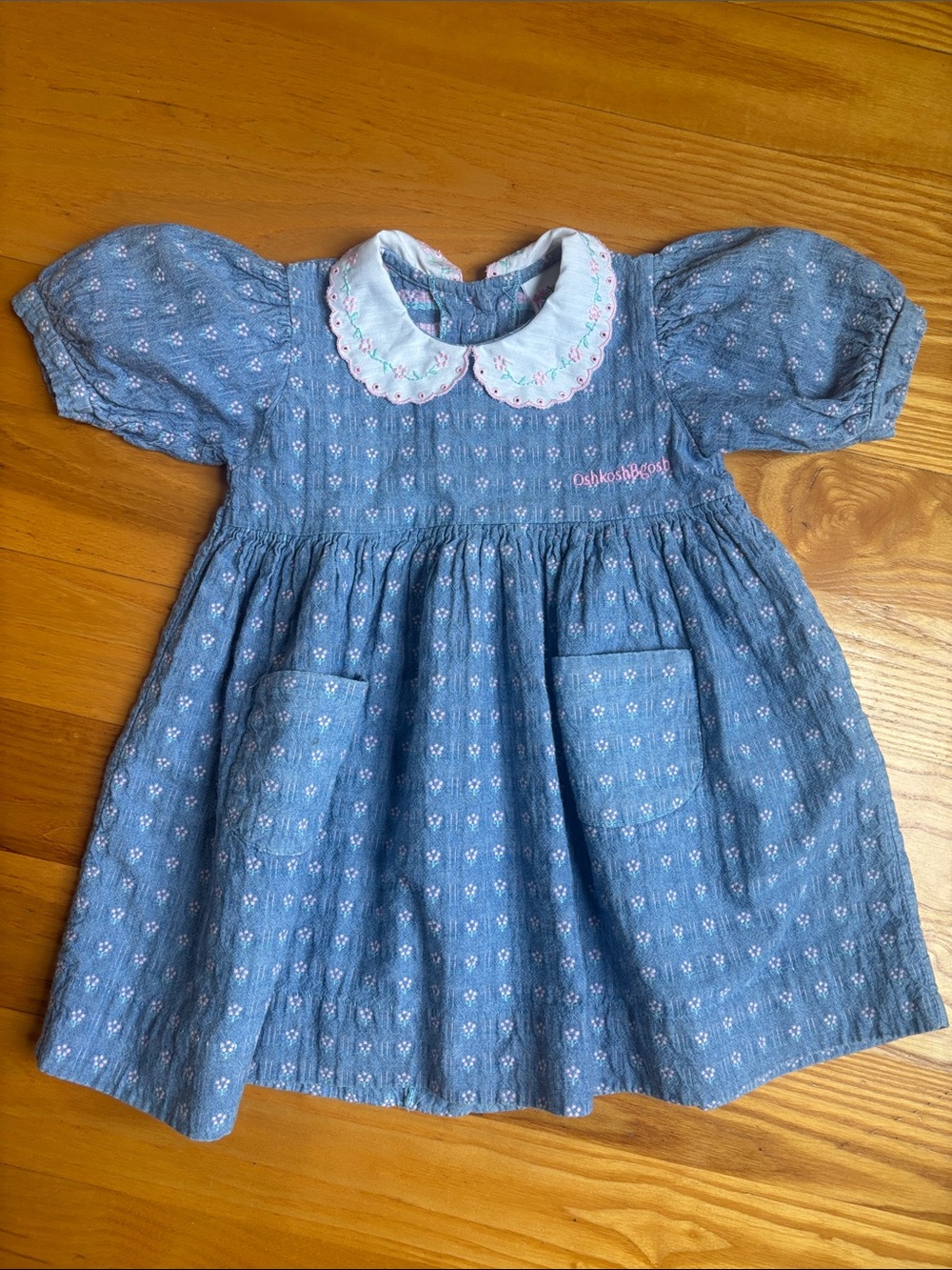 Vintage OshKosh B'gosh Blue Floral Dress with Embroidered Peter Pan Collar